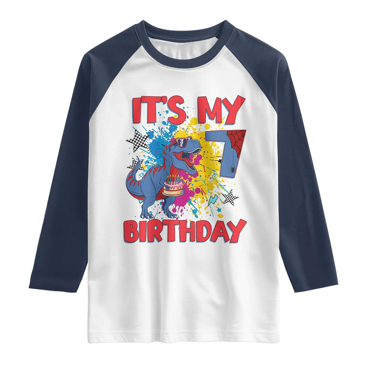Dino Spider Its My 7th Birthday Raglan Shirt Dinosaur Gift For Boys