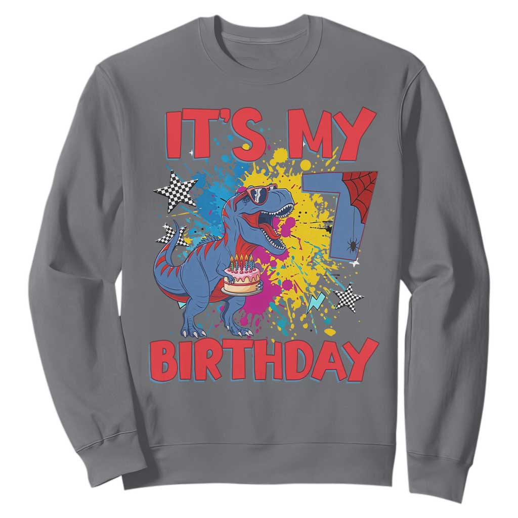 Dino Spider Its My 7th Birthday Sweatshirt Dinosaur Gift For Boys