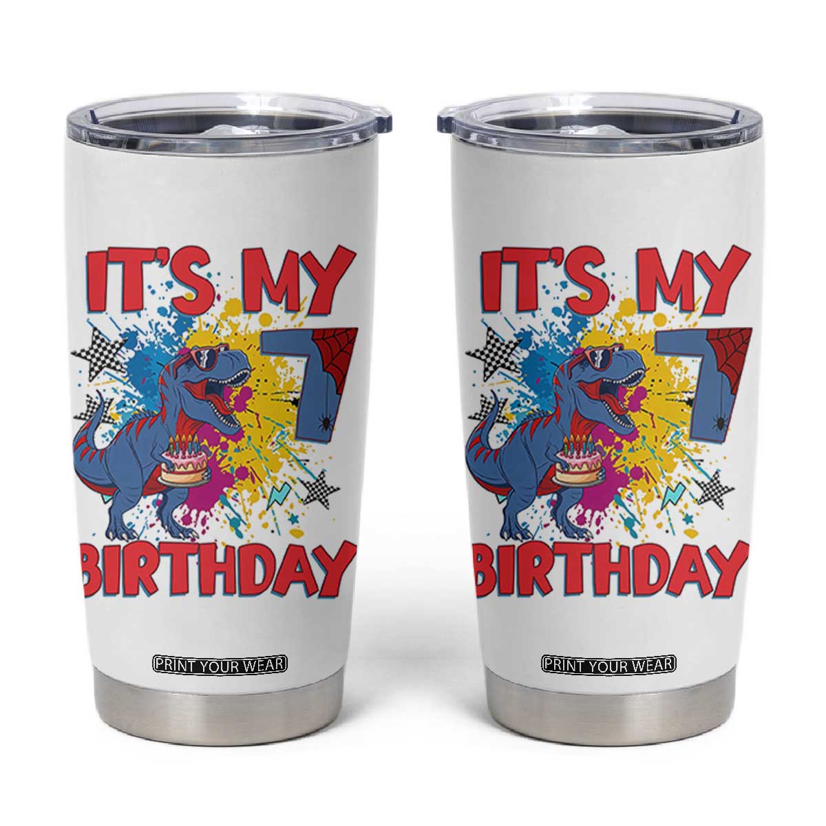 Dino Spider Its My 7th Birthday Tumbler Cup Dinosaur Gift For Boys TS12 White Print Your Wear