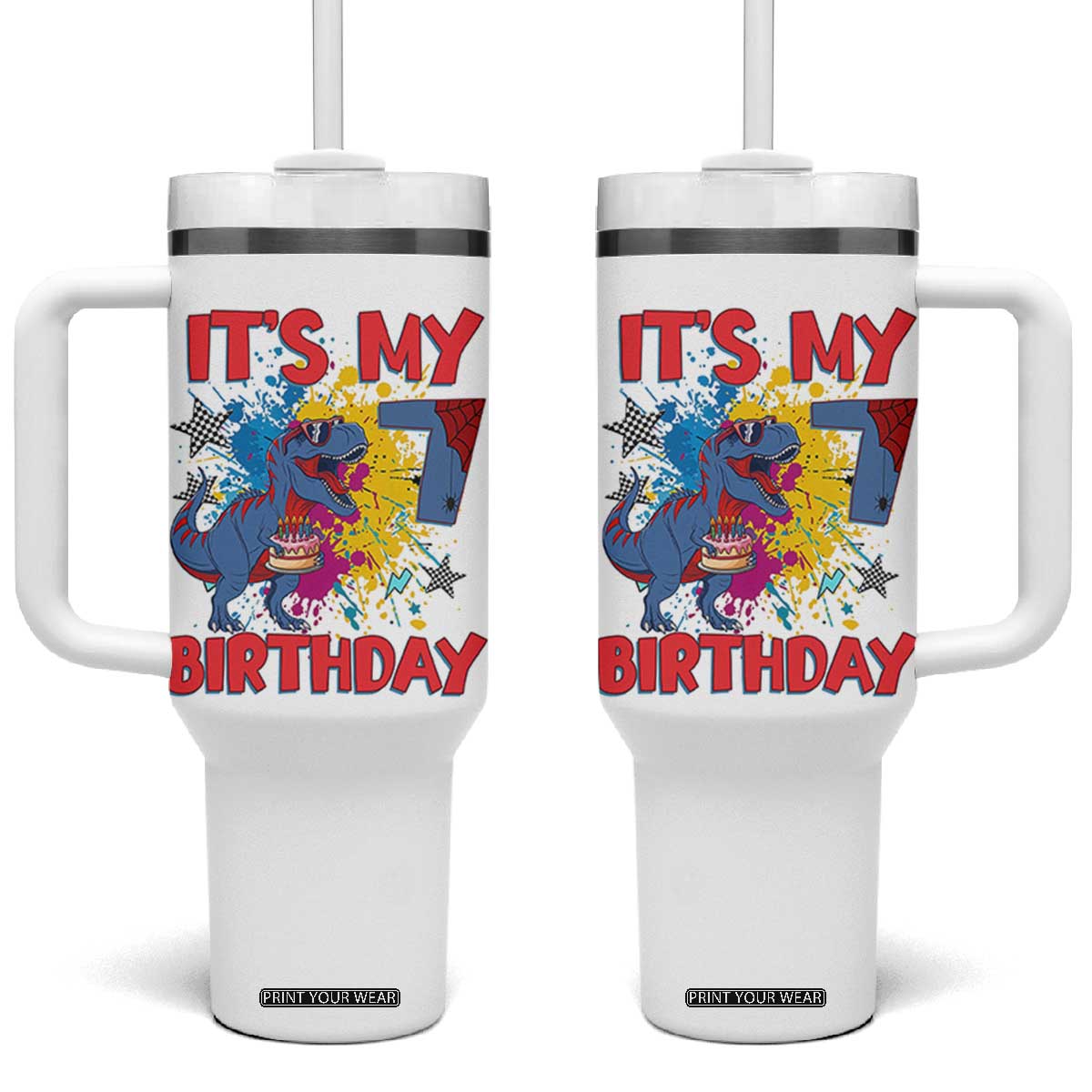 Dino Spider Its My 7th Birthday Tumbler With Handle Dinosaur Gift For Boys TS12 One Size: 40 oz White Print Your Wear