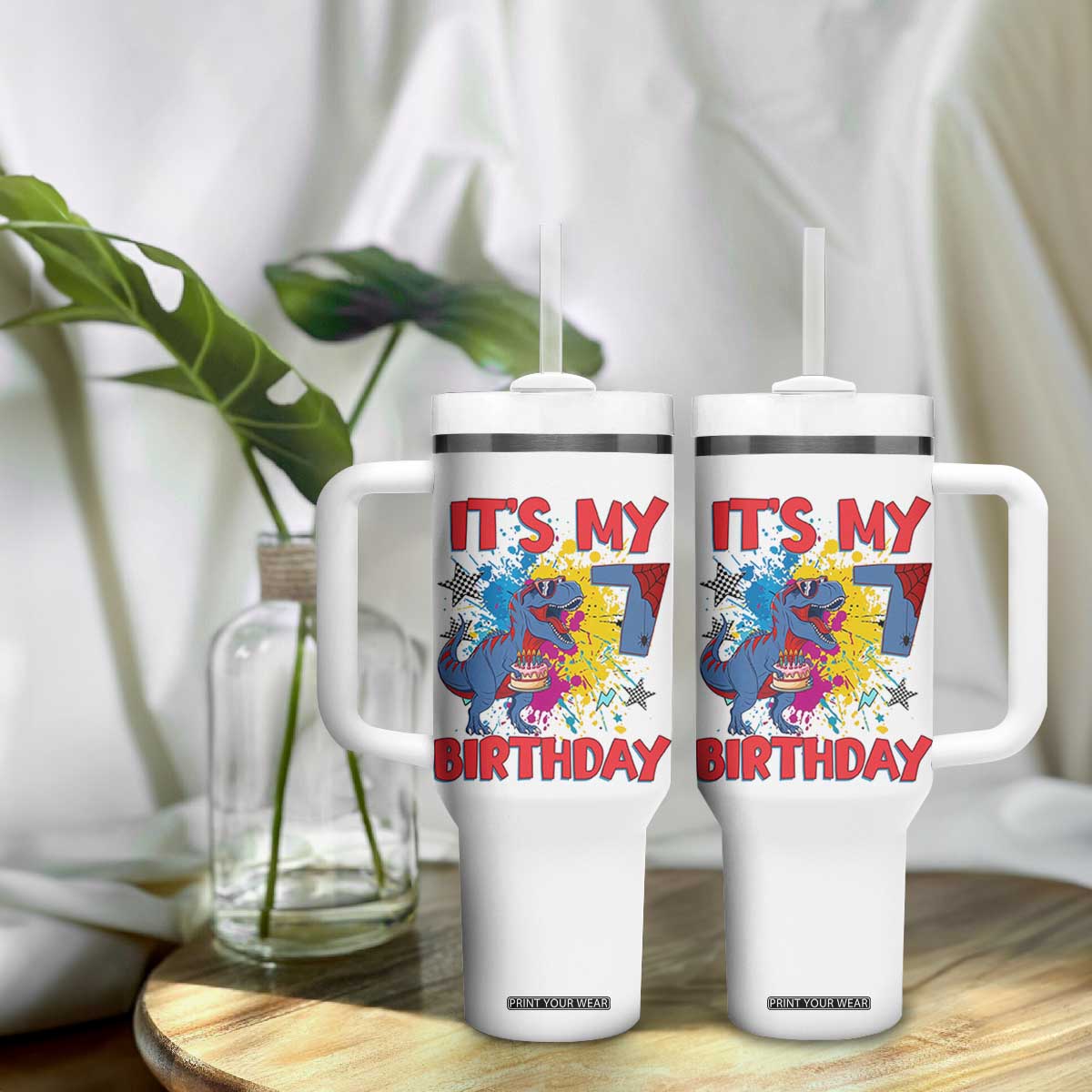 Dino Spider Its My 7th Birthday Tumbler With Handle Dinosaur Gift For Boys TS12 Print Your Wear