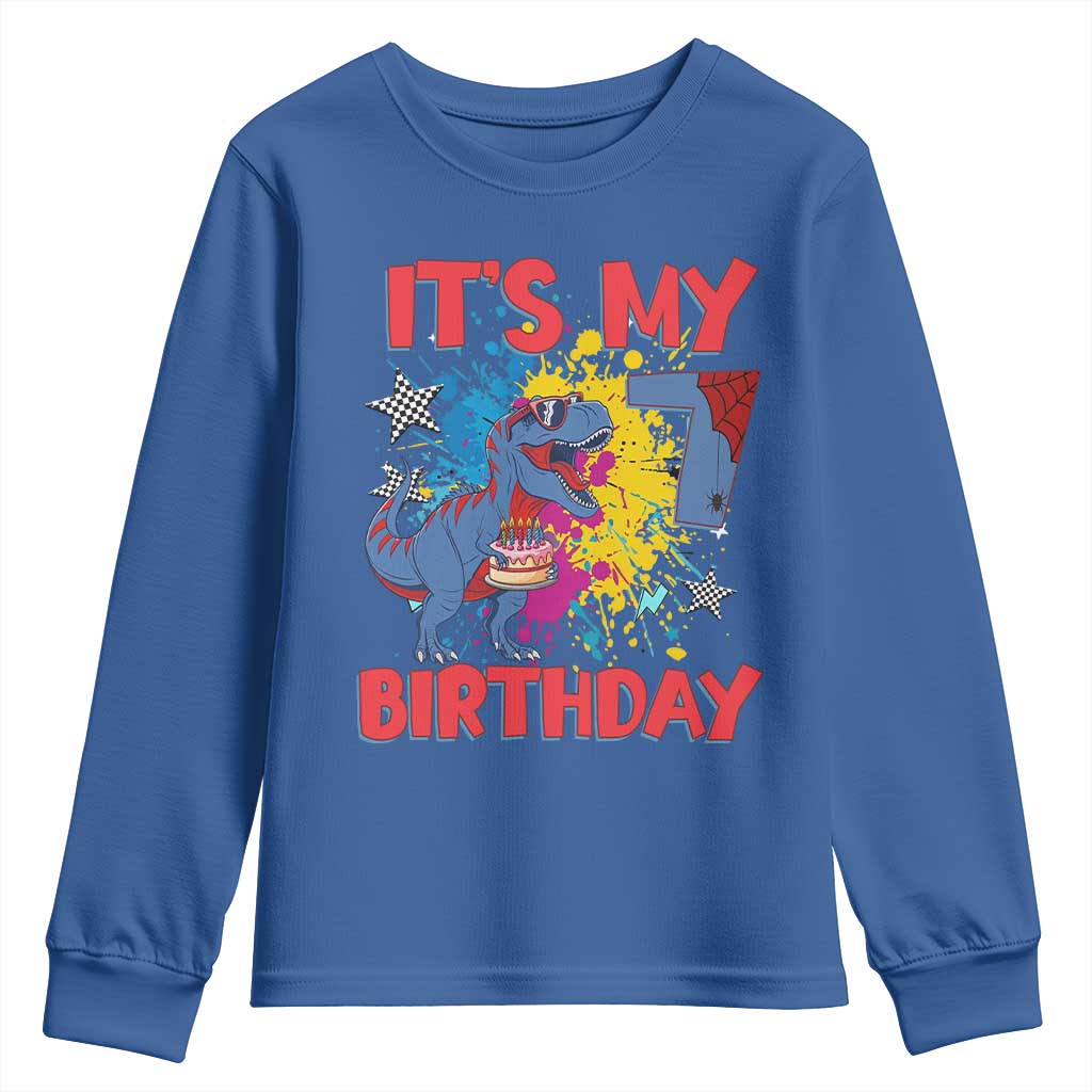 Dino Spider Its My 7th Birthday Youth Sweatshirt Dinosaur Gift For Boys TS12 Royal Blue Print Your Wear