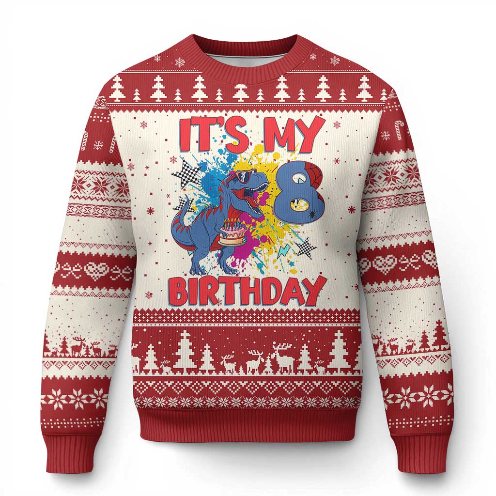Dino Spider Its My 8th Birthday Ugly Christmas Sweater Dinosaur Gift For Boys