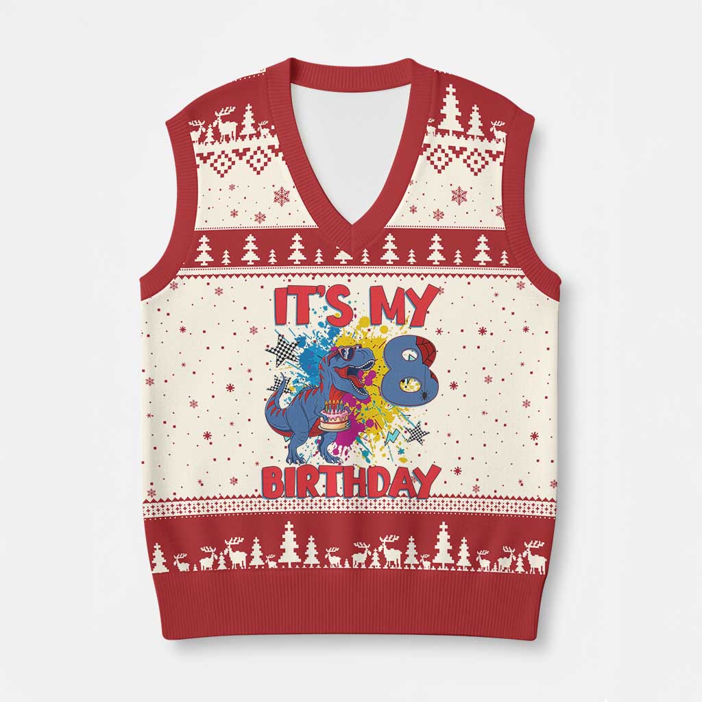 Dino Spider Its My 8th Birthday V-Neck Knit Sweater Vest Dinosaur Gift For Boys