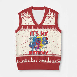 Dino Spider Its My 8th Birthday V-Neck Knit Sweater Vest Dinosaur Gift For Boys