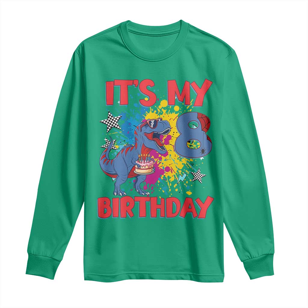 Dino Spider Its My 8th Birthday Long Sleeve Shirt Dinosaur Gift For Boys