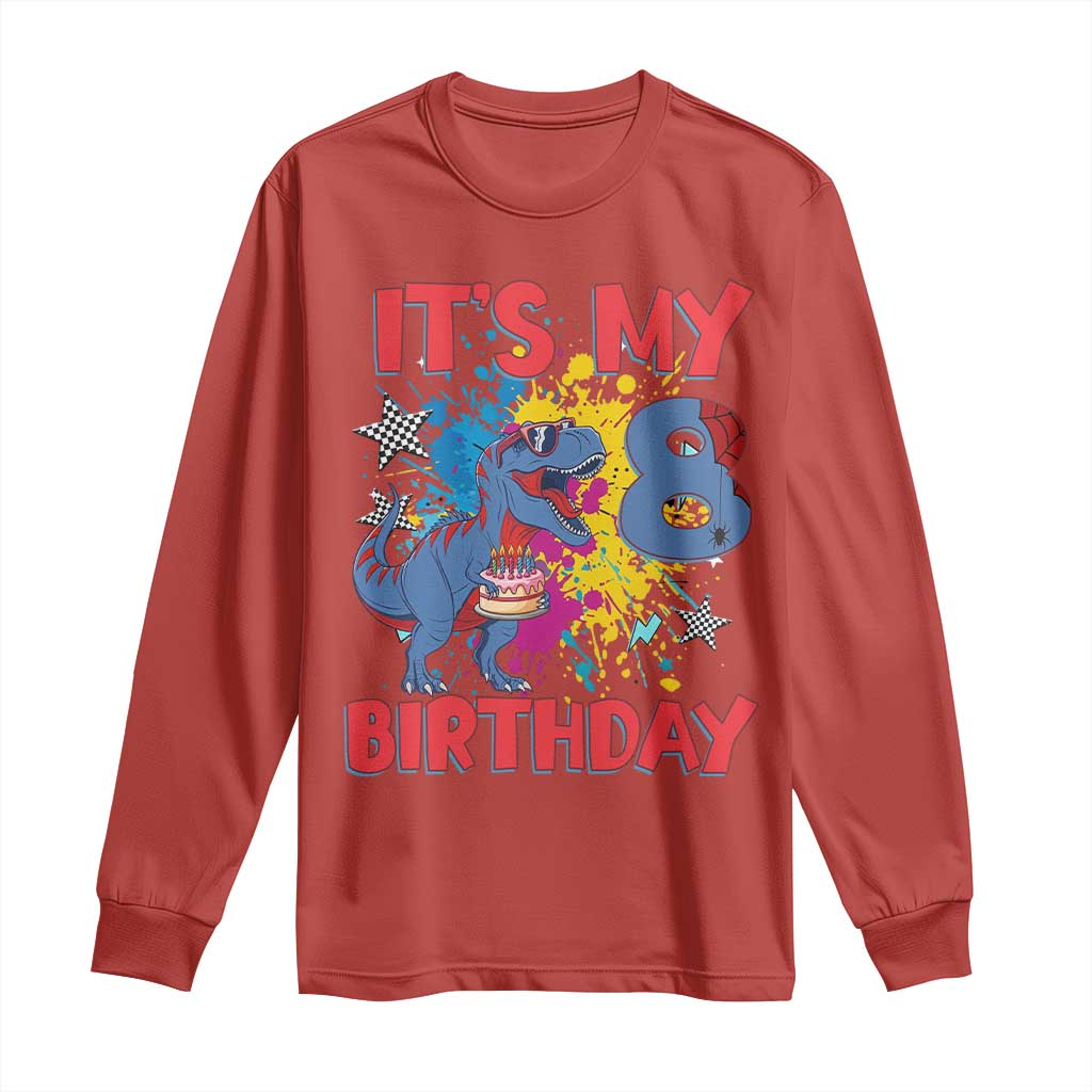 Dino Spider Its My 8th Birthday Long Sleeve Shirt Dinosaur Gift For Boys