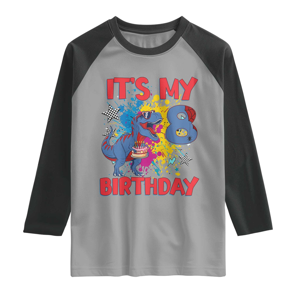 Dino Spider Its My 8th Birthday Raglan Shirt Dinosaur Gift For Boys