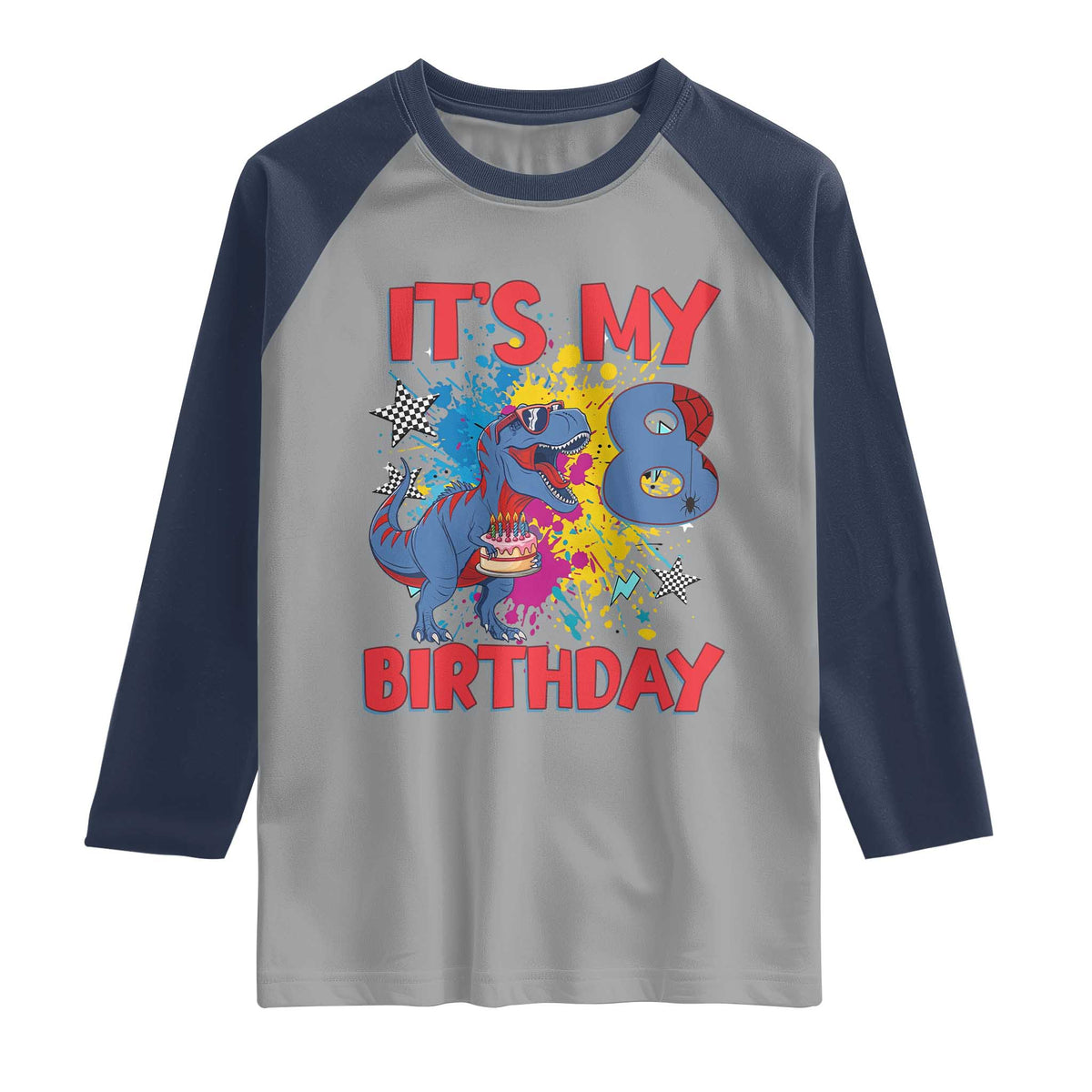 Dino Spider Its My 8th Birthday Raglan Shirt Dinosaur Gift For Boys