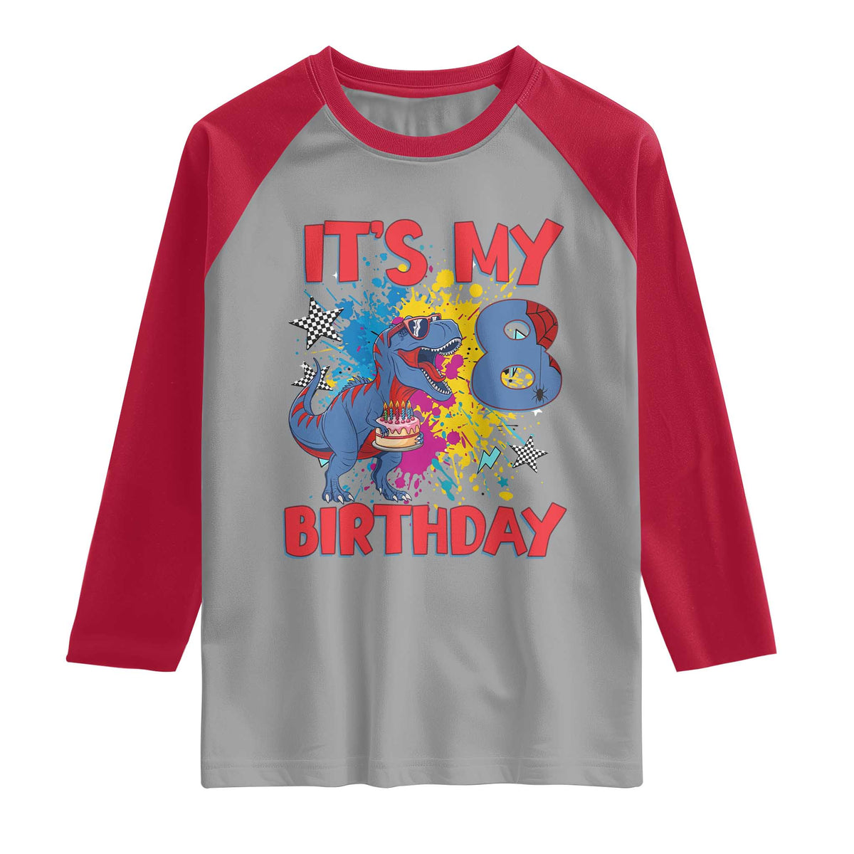 Dino Spider Its My 8th Birthday Raglan Shirt Dinosaur Gift For Boys
