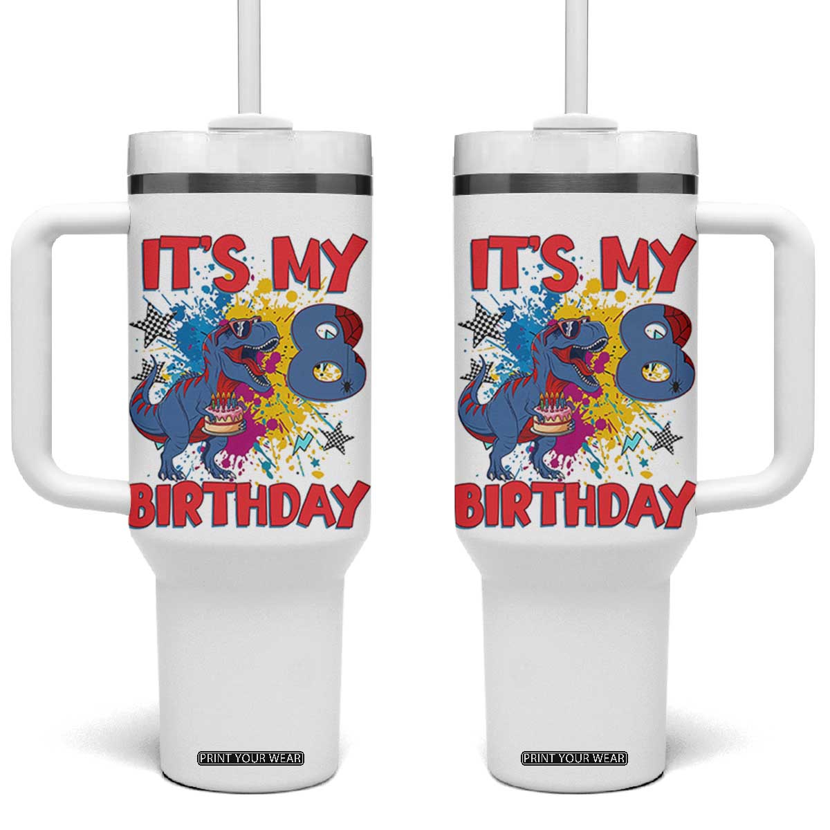 Dino Spider Its My 8th Birthday Tumbler With Handle Dinosaur Gift For Boys TS12 One Size: 40 oz White Print Your Wear