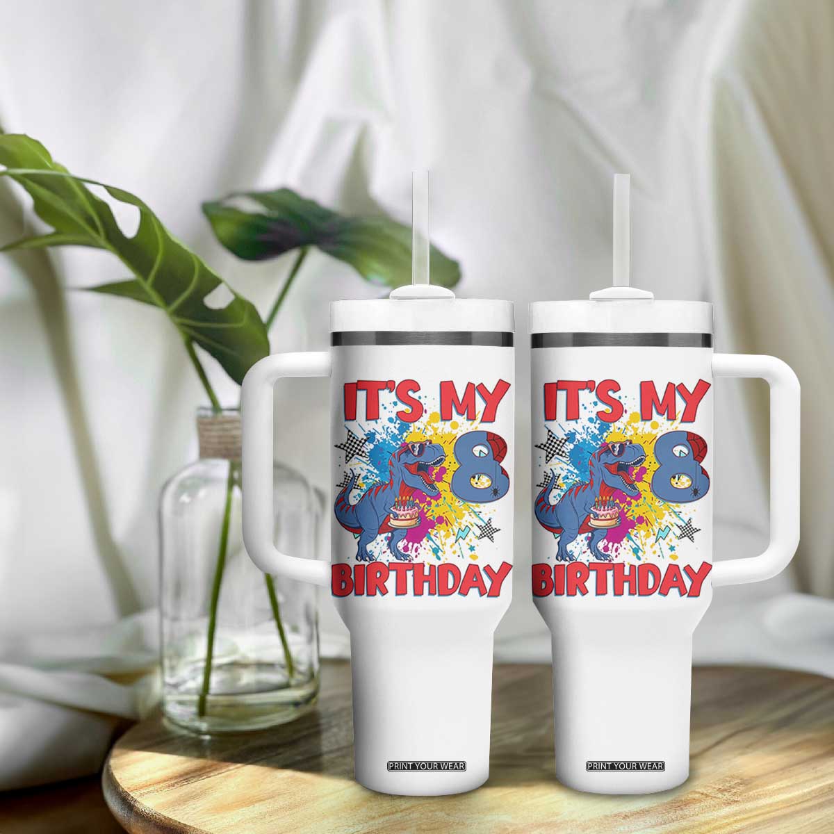 Dino Spider Its My 8th Birthday Tumbler With Handle Dinosaur Gift For Boys TS12 Print Your Wear