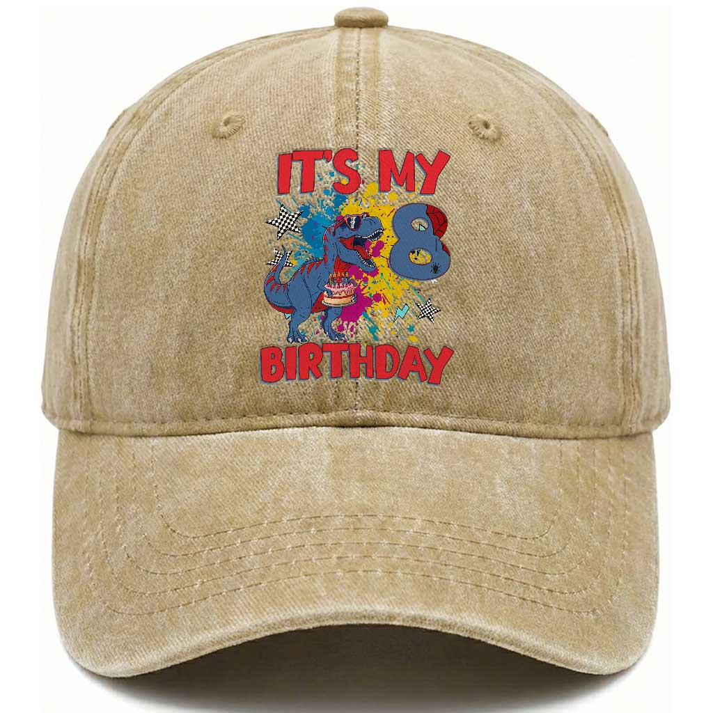 Dino Spider Its My 8th Birthday Washed Cotton Baseball Cap Dinosaur Gift For Boys