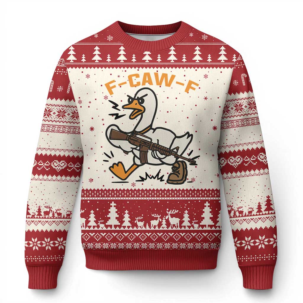 F Caw F Goose With Gun Ugly Christmas Sweater Funny Rebellious Gift TS12 Beige Red Print Your Wear