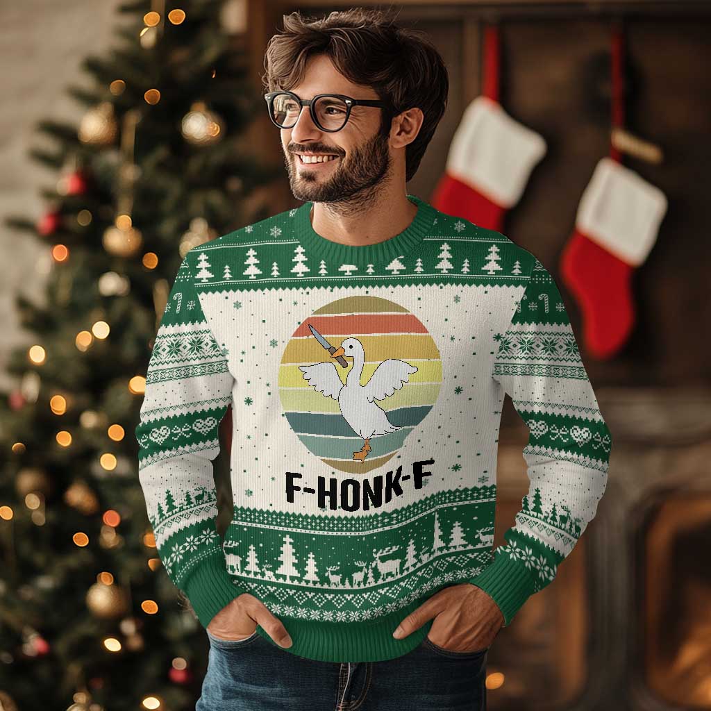 F Honk F Goose With Knife Ugly Christmas Sweater Funny Chaotic Meme Gift TS12 Beige Green Print Your Wear