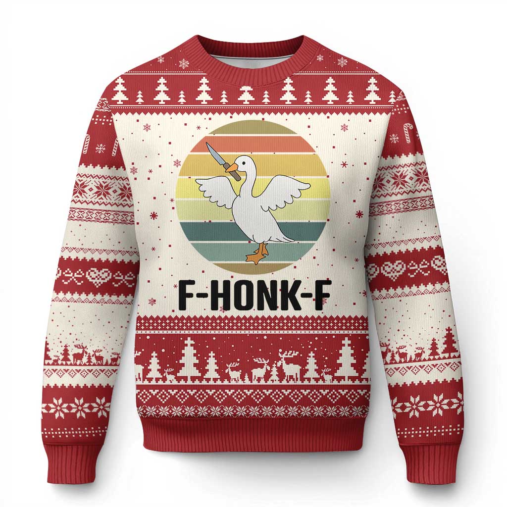 F Honk F Goose With Knife Ugly Christmas Sweater Funny Chaotic Meme Gift TS12 Beige Red Print Your Wear