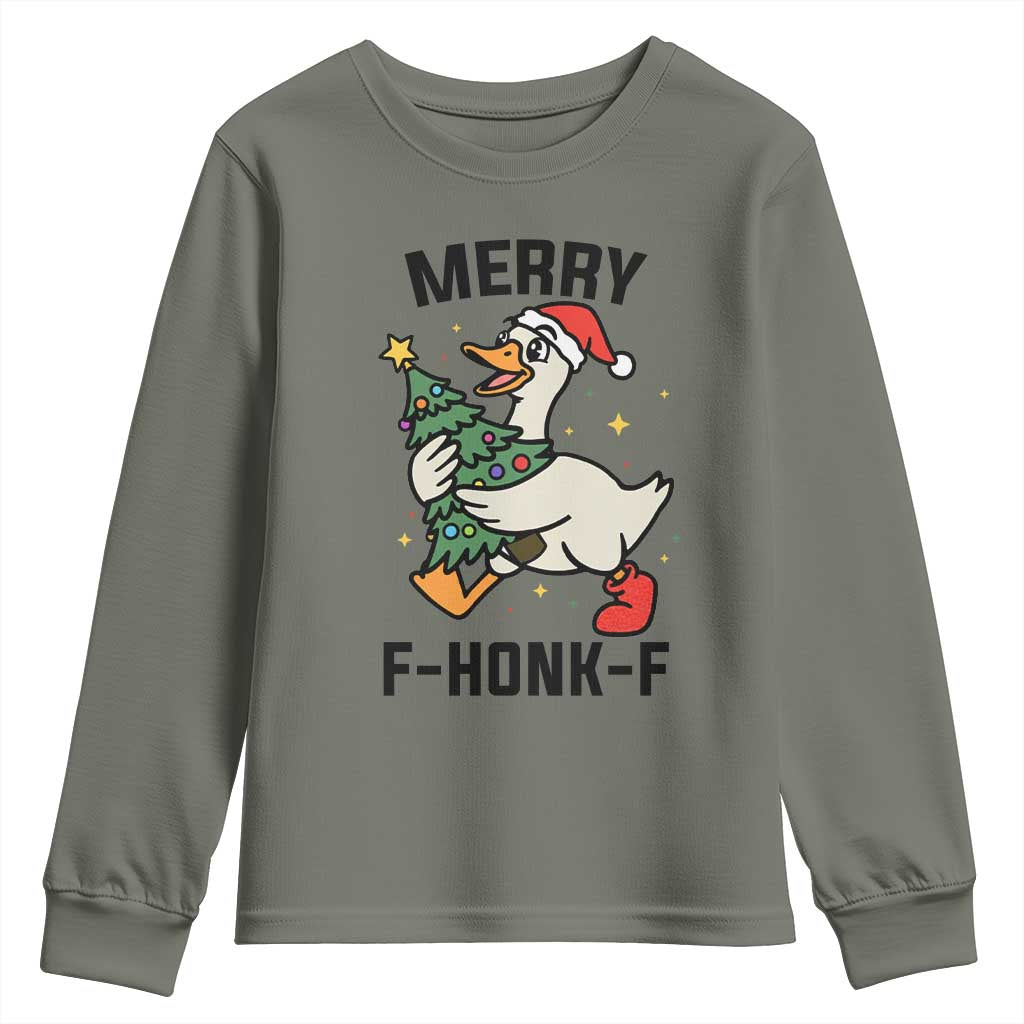 Merry F Caw F Goose Youth Sweatshirt Funny Christmas Gift TS12 Military Green Print Your Wear
