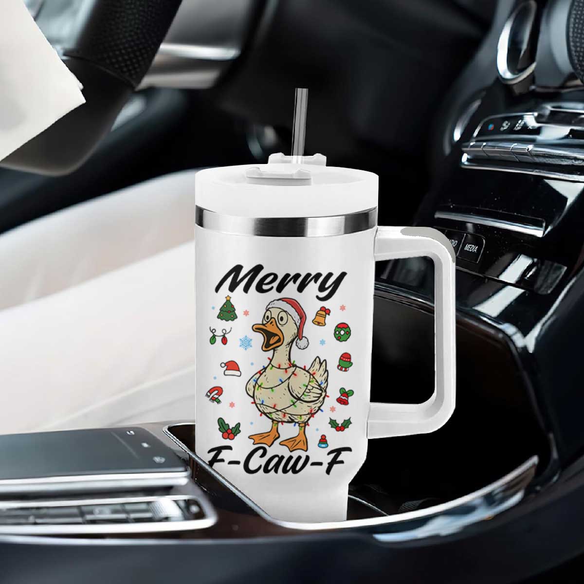 Merry F Caw F Goose Tumbler With Handle Funny Rebellious Christmas Gift - Print Your Wear