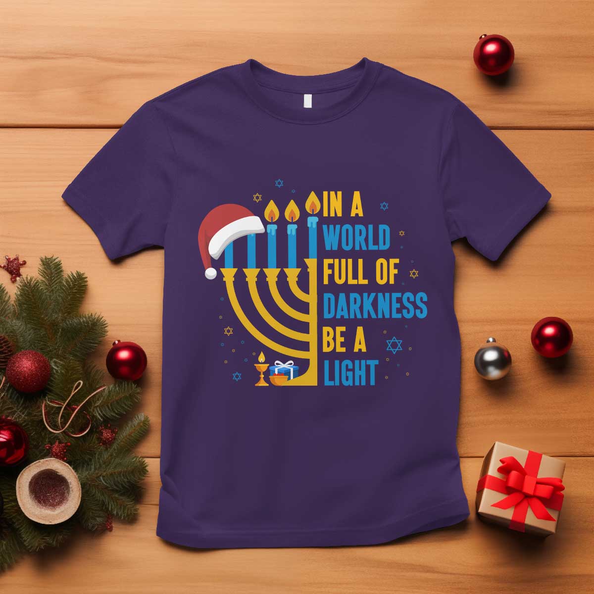 Christmas Hanukkah Interfaith Family Gift T Shirt In A World Full Of Darkness Be A Light TS12 Purple Print Your Wear