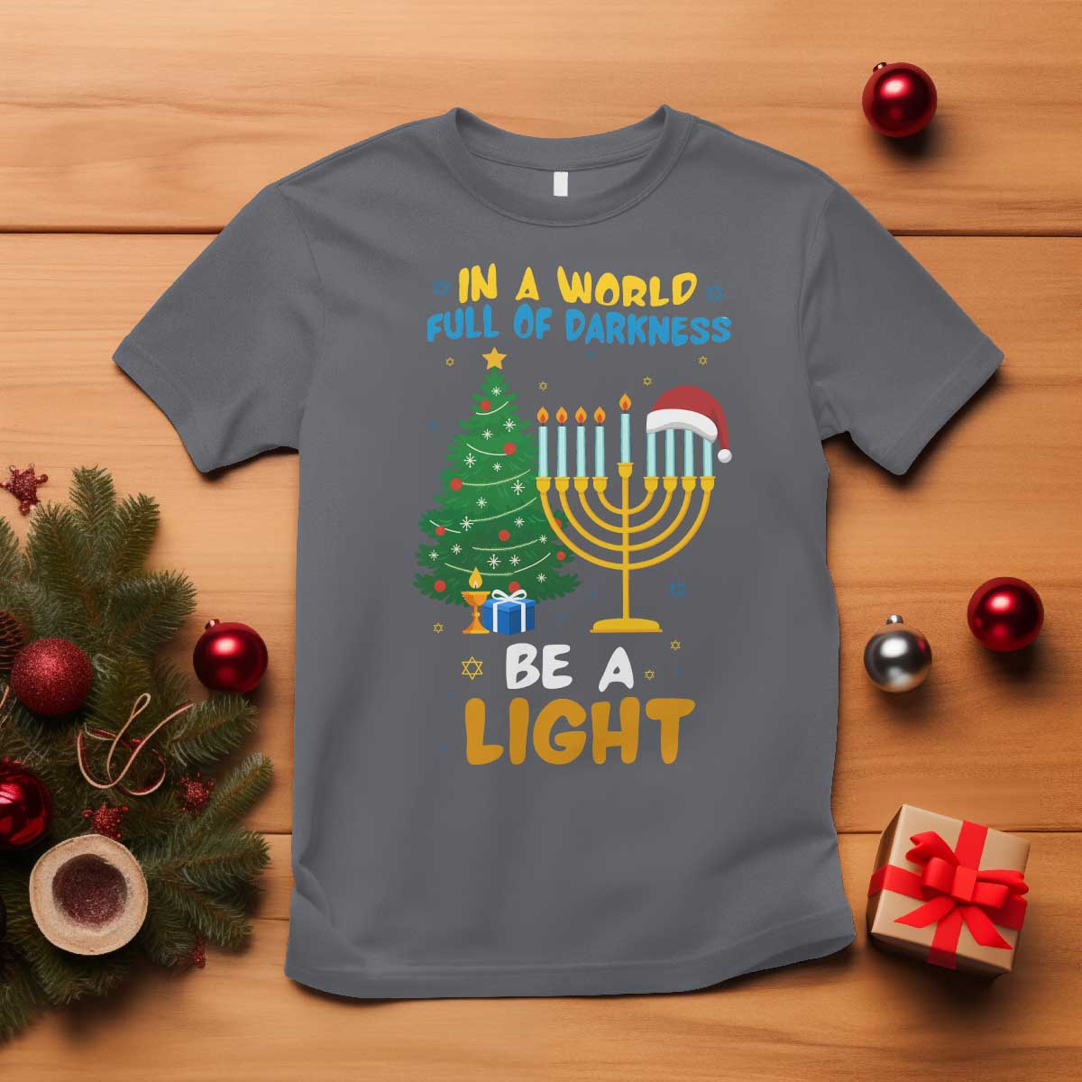 Be A Light Christmas Hanukkah T Shirt Interfaith Family Gift TS12 Charcoal Print Your Wear