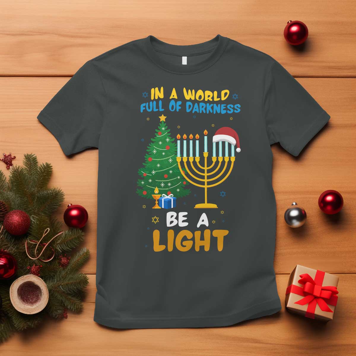 Be A Light Christmas Hanukkah T Shirt Interfaith Family Gift TS12 Dark Heather Print Your Wear