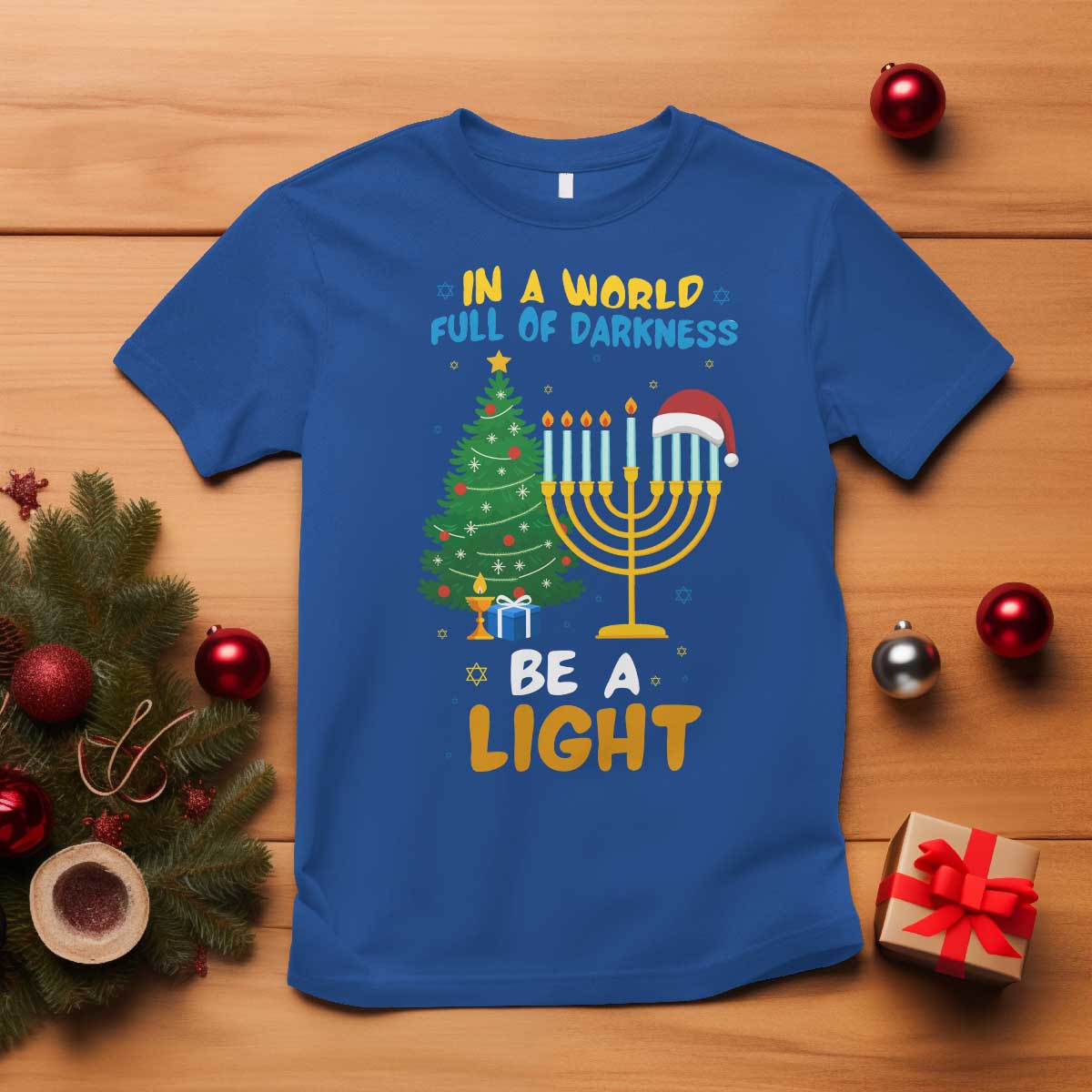 Be A Light Christmas Hanukkah T Shirt Interfaith Family Gift TS12 Royal Blue Print Your Wear