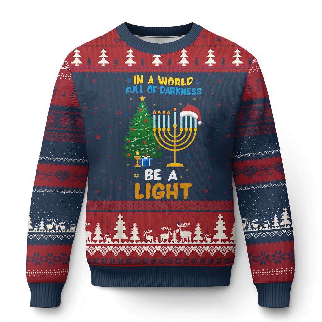 Be A Light Xmas Hanukkah Ugly Christmas Sweater Interfaith Family Gift TS12 Navy Red Print Your Wear