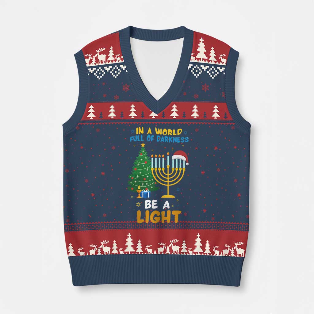 Be A Light Xmas Hanukkah V-Neck Knit Sweater Vest Interfaith Family Gift TS12 Navy Red Print Your Wear