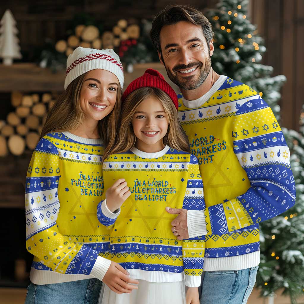 In A World Full Of Darkness Be A Light Hanukkah Ugly Sweater Christmas Quote Gift TS12 Gold Royal Blue Print Your Wear