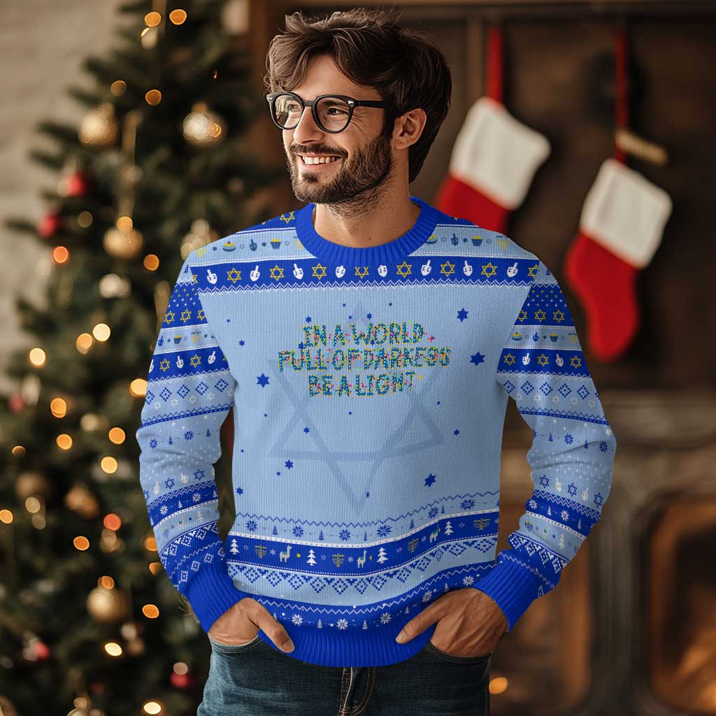 In A World Full Of Darkness Be A Light Hanukkah Ugly Sweater Christmas Quote Gift TS12 Light Blue Royal Blue Print Your Wear