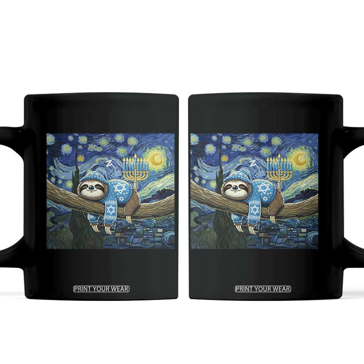 Funny Hanukkah Sloth Coffee Mug Van Gogh Starry Night Jewish Gift TS12 Black Print Your Wear