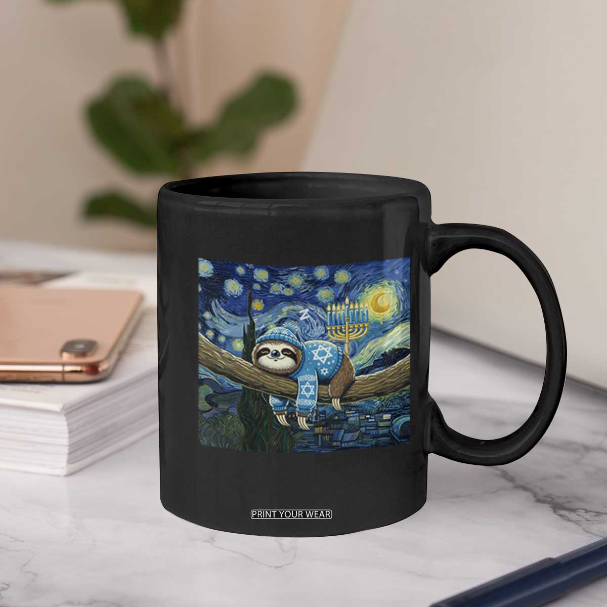 Funny Hanukkah Sloth Coffee Mug Van Gogh Starry Night Jewish Gift TS12 Print Your Wear