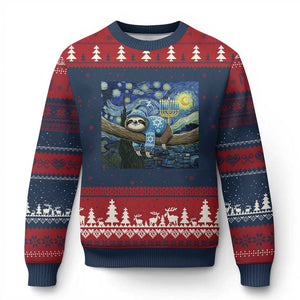 Funny Hanukkah Sloth Ugly Christmas Sweater Van Gogh Starry Night Jewish Gift TS12 Navy Red Print Your Wear