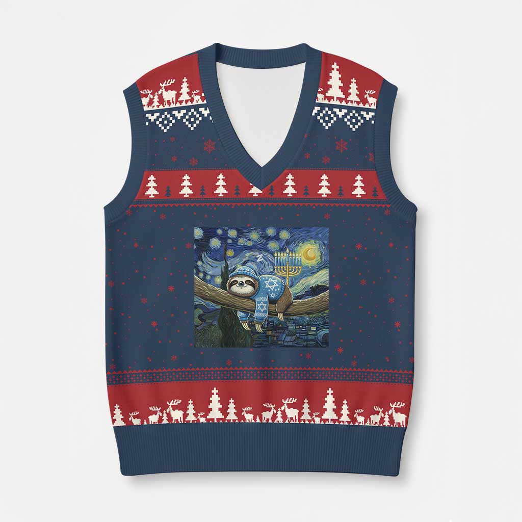 Funny Hanukkah Sloth V-Neck Knit Sweater Vest Van Gogh Starry Night Jewish Gift TS12 Navy Red Print Your Wear
