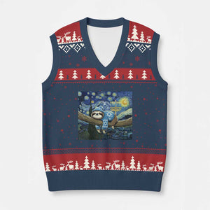 Funny Hanukkah Sloth V-Neck Knit Sweater Vest Van Gogh Starry Night Jewish Gift TS12 Navy Red Print Your Wear