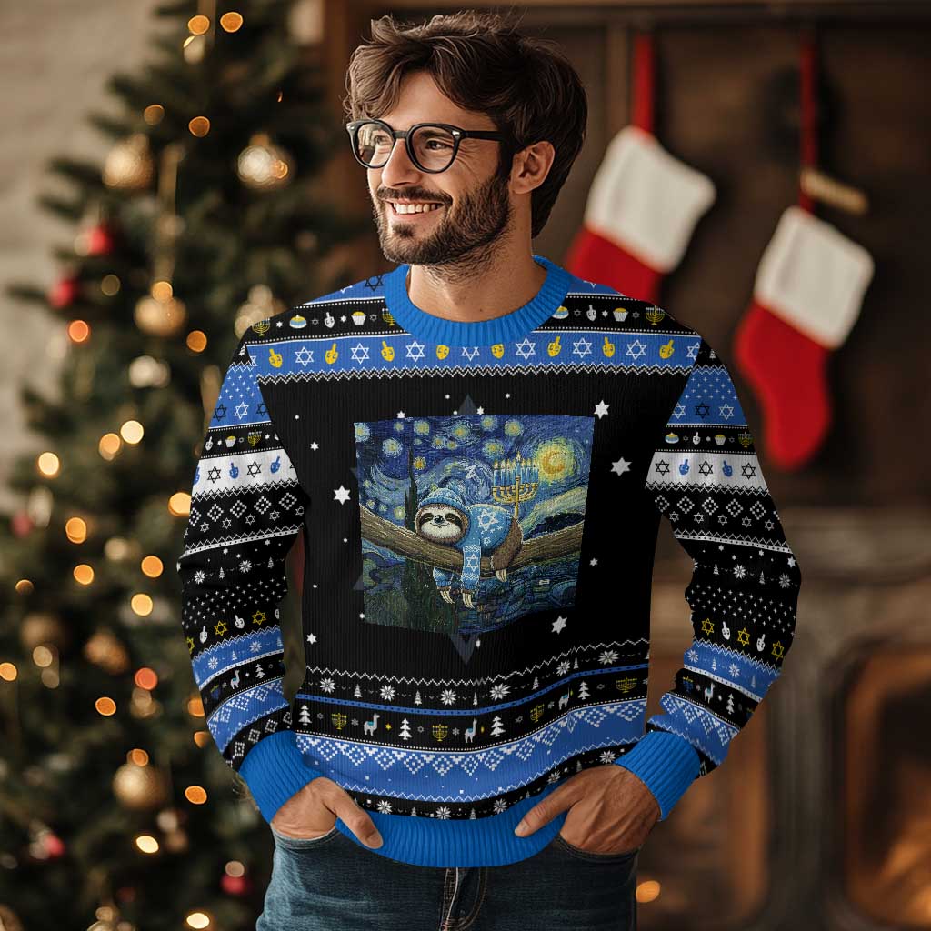 Funny Sloth Hanukkah Ugly Sweater Van Gogh Starry Night Jewish Gift TS12 Black Blue Print Your Wear