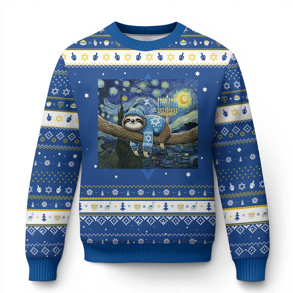 Funny Sloth Hanukkah Ugly Sweater Van Gogh Starry Night Jewish Gift TS12 Blue White Print Your Wear