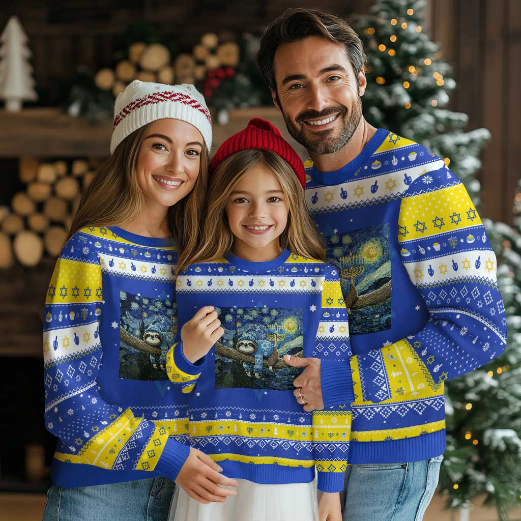 Funny Sloth Hanukkah Ugly Sweater Van Gogh Starry Night Jewish Gift TS12 Royal Blue Gold Print Your Wear