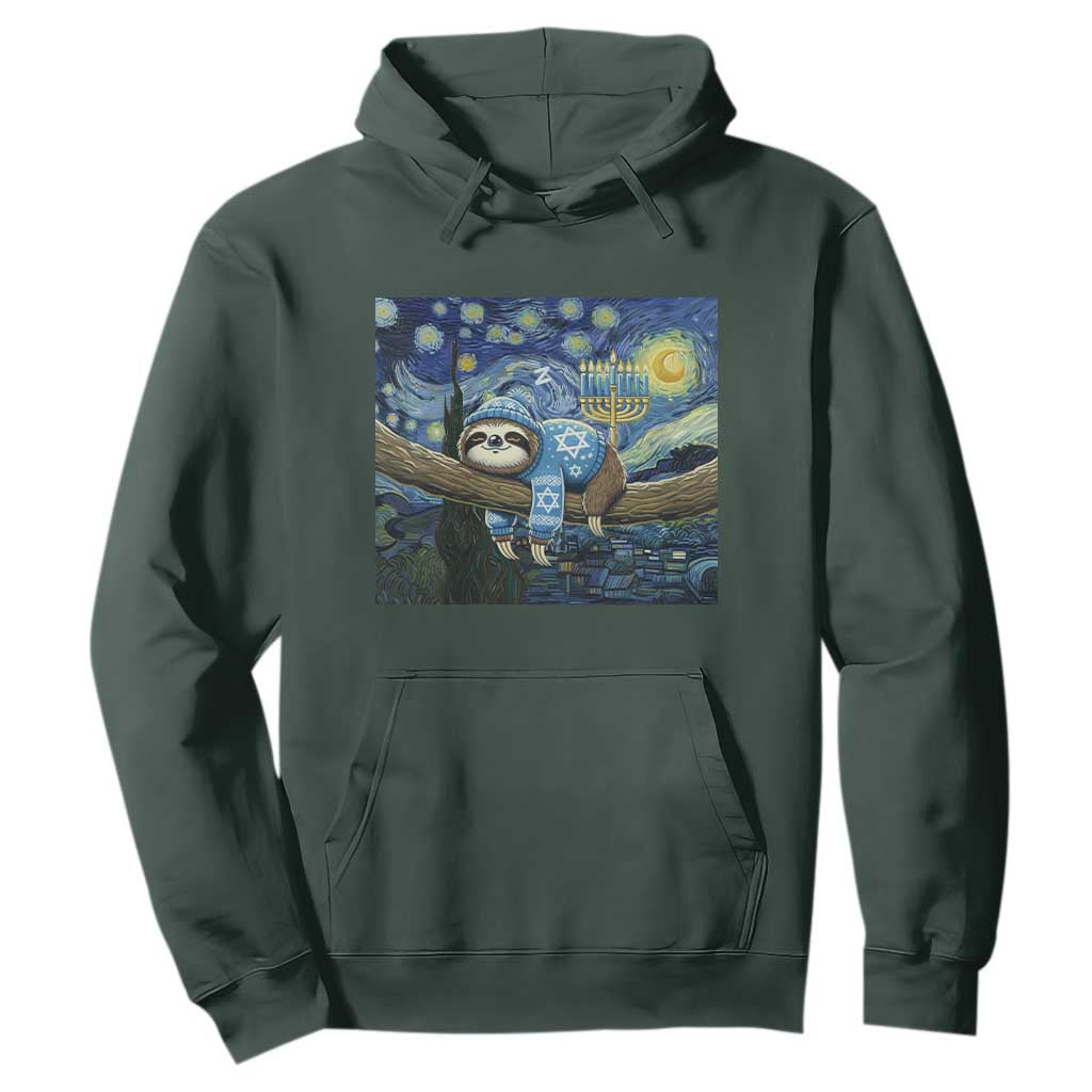 Funny Hanukkah Sloth Hoodie Van Gogh Starry Night Jewish Gift TS12 Dark Forest Green Print Your Wear
