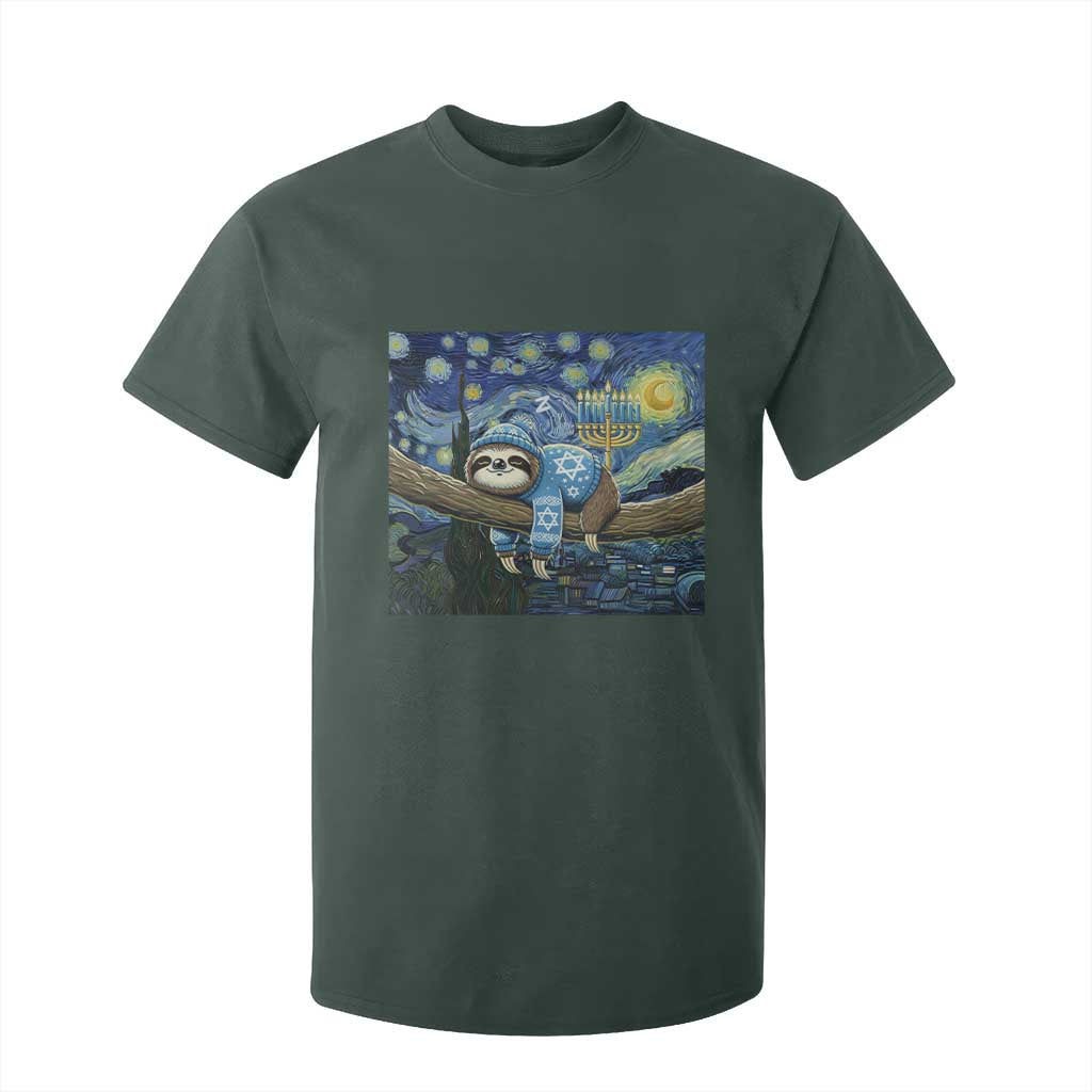 Funny Hanukkah Sloth T Shirt For Kid Van Gogh Starry Night Jewish Gift TS12 Dark Forest Green Print Your Wear
