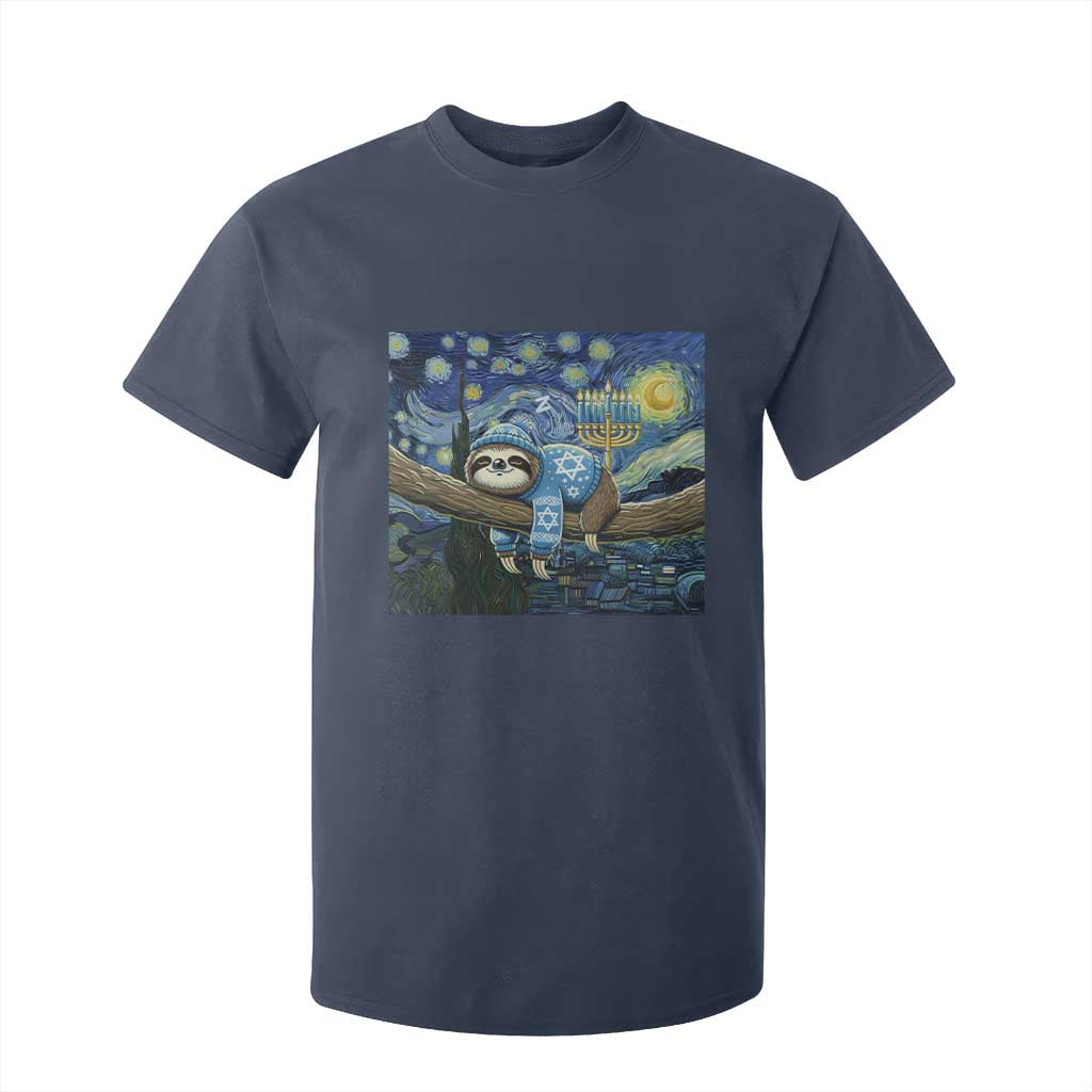 Funny Hanukkah Sloth T Shirt For Kid Van Gogh Starry Night Jewish Gift TS12 Navy Print Your Wear