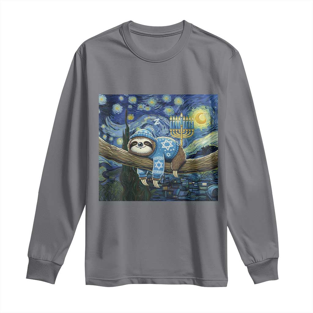 Funny Hanukkah Sloth Long Sleeve Shirt Van Gogh Starry Night Jewish Gift TS12 Charcoal Print Your Wear