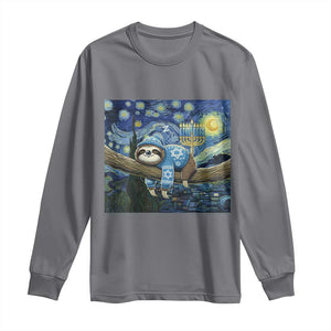 Funny Hanukkah Sloth Long Sleeve Shirt Van Gogh Starry Night Jewish Gift TS12 Charcoal Print Your Wear