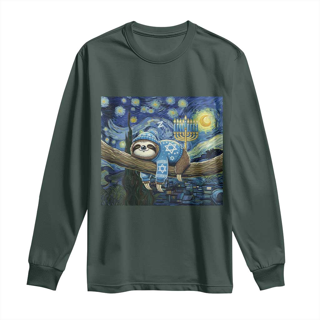 Funny Hanukkah Sloth Long Sleeve Shirt Van Gogh Starry Night Jewish Gift TS12 Dark Forest Green Print Your Wear