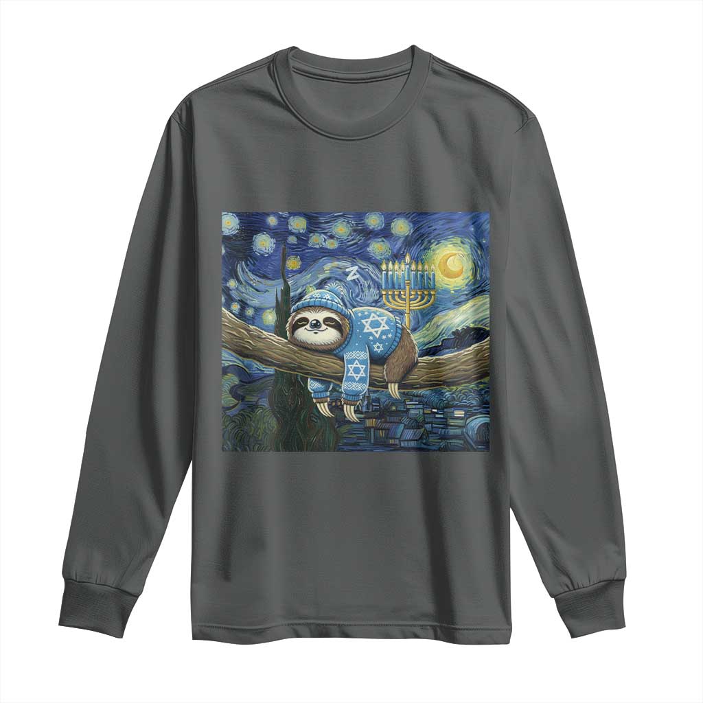 Funny Hanukkah Sloth Long Sleeve Shirt Van Gogh Starry Night Jewish Gift TS12 Dark Heather Print Your Wear