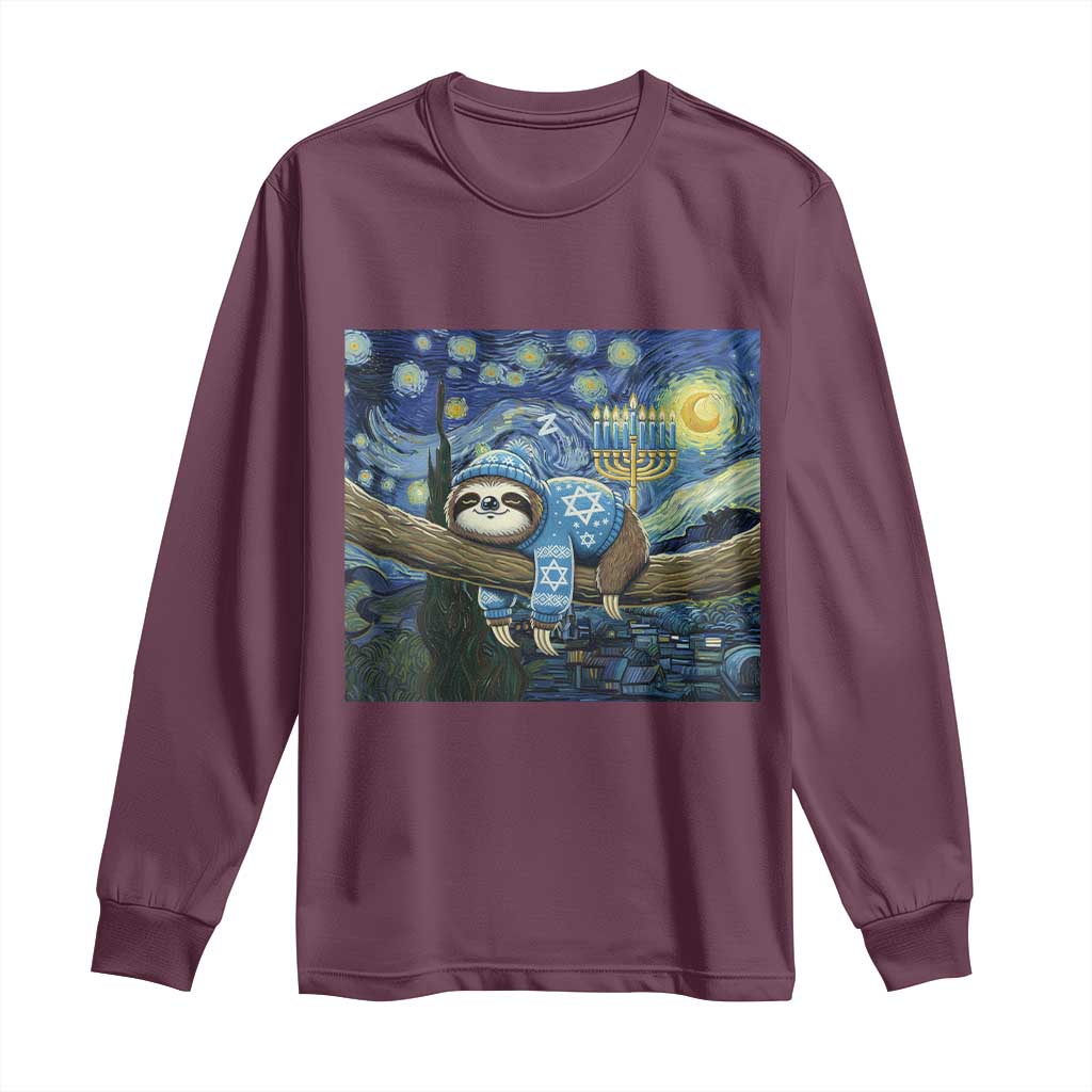 Funny Hanukkah Sloth Long Sleeve Shirt Van Gogh Starry Night Jewish Gift TS12 Maroon Print Your Wear