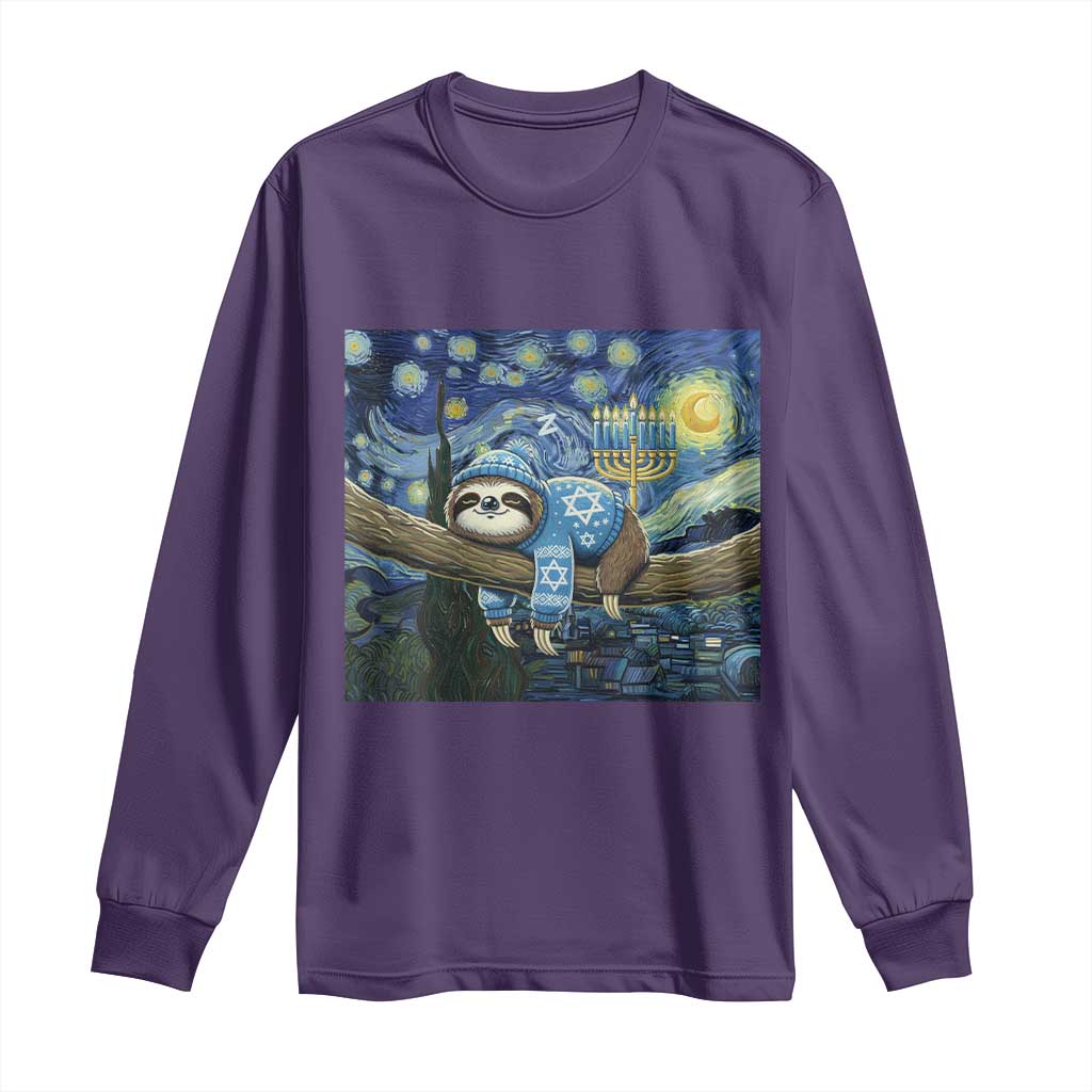 Funny Hanukkah Sloth Long Sleeve Shirt Van Gogh Starry Night Jewish Gift TS12 Purple Print Your Wear