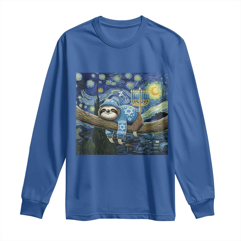 Funny Hanukkah Sloth Long Sleeve Shirt Van Gogh Starry Night Jewish Gift TS12 Royal Blue Print Your Wear
