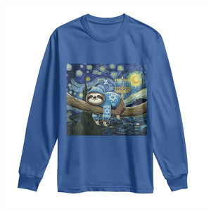 Funny Hanukkah Sloth Long Sleeve Shirt Van Gogh Starry Night Jewish Gift TS12 Royal Blue Print Your Wear