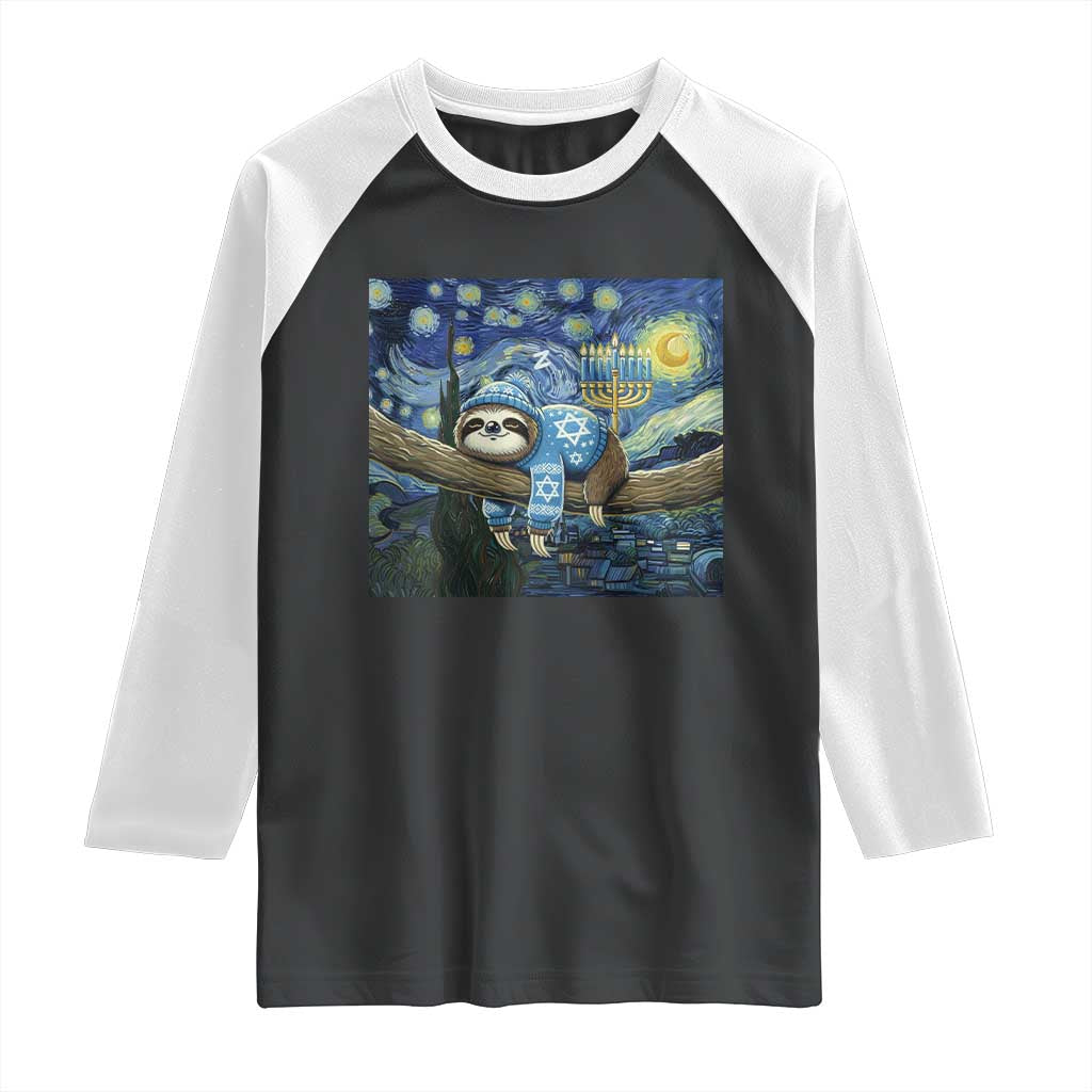 Funny Hanukkah Sloth Raglan Shirt Van Gogh Starry Night Jewish Gift TS12 Black White Print Your Wear